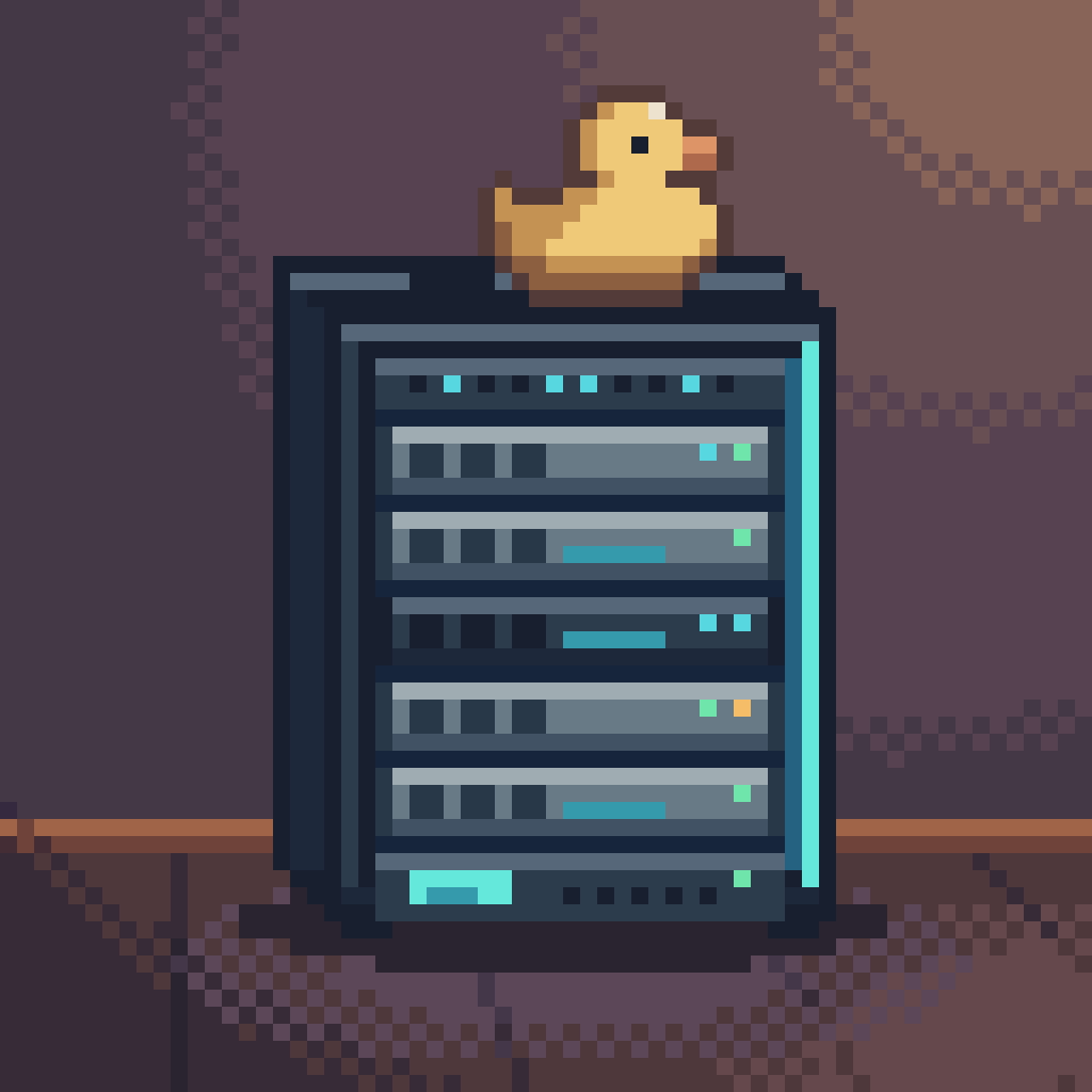 Homelab Idle app icon: a pixel art server rack topped with a rubber duck